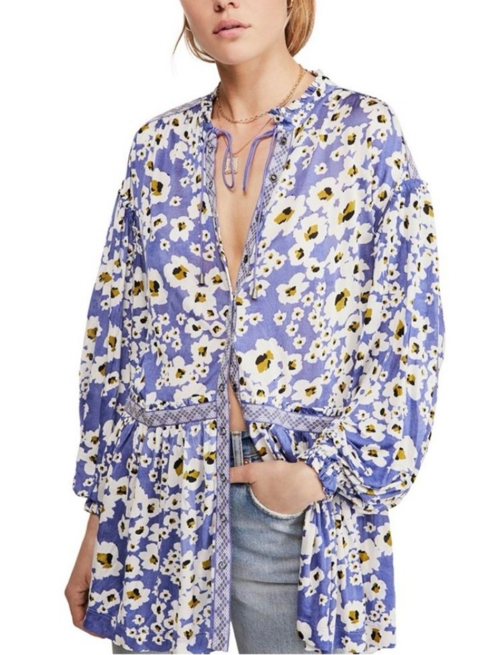 NEW Free People Blue Floral Bohemian Keyhole Long Sleeve Mini Dress Sz LARGE - Picture 16 of 16